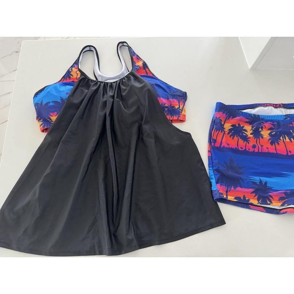Plus Size Tankini Swimsuit Tummy Control Effect palm tree two pieces size 4XL
